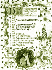 Libro de las horas. Hoja de calendario para agosto: el signo del zodíaco Virgo. Un obrero trabajando. Italia, Bologna, fines del siglo XIV.