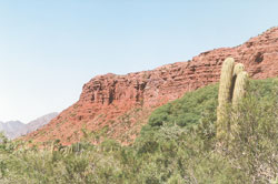 Los Colorados: montañas de intenso rojo contrastan con el traslúcido celeste del cielo.